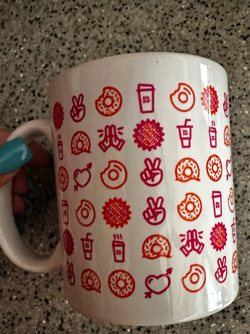 Dunkin Donuts 2018 Holiday Ceramic Mug w/ Pink & Orange emoji Pattern